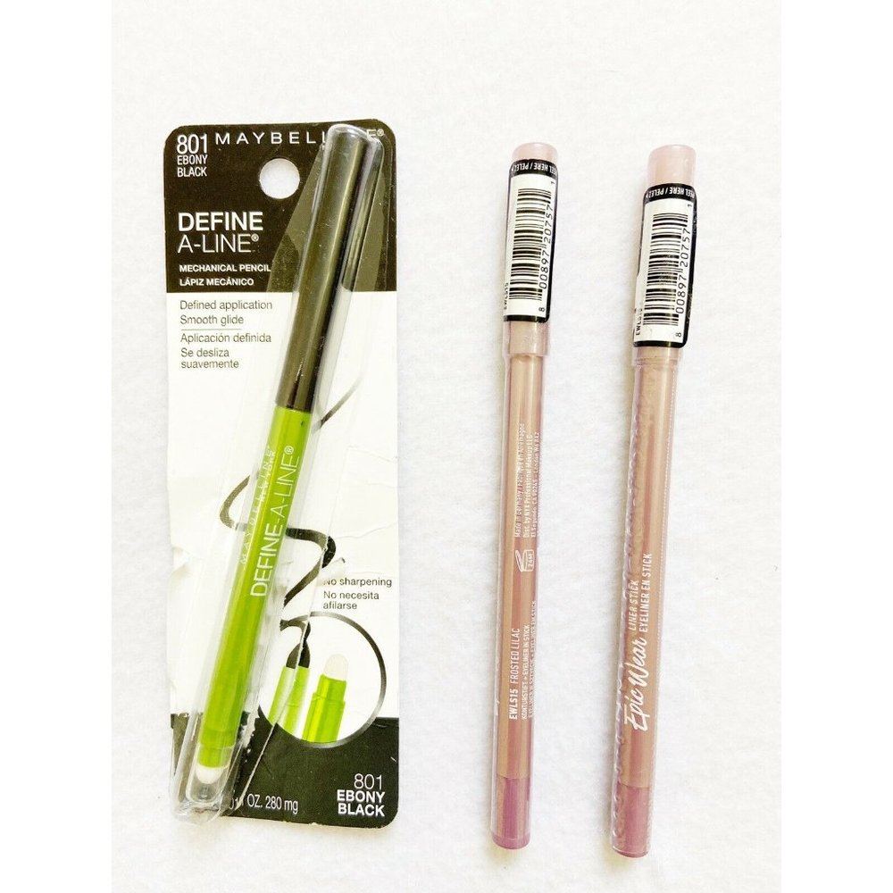(Lot of 3) NYX Eyeiner Stick, Lilac & Maybelliine Define Eyeliner, 801 Black